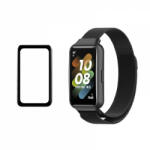 krasscom Set bratara smartwatch pentru Huawei Band 7 din otel inoxiabil, mesh, si folie de protectie ecran din sticla, negru (HUBAND015)