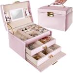 Beautylushh Ékszerdoboz, ékszertartó bőrönd, hordozható ékszertartó doboz, 2 fiókkal, rekeszekkel, tükörrel, kulccsal zárható - rózsaszín