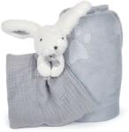 Doudou Takaró legkisebbeknek Bunny Happy Glossy Doudou et Compagnie plüss nyuszival dédelgetéshez kék 100*70 cm 0 hó-tól (DC3981)
