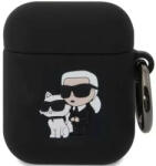  Bluetooth fülhallgató töltőtok tartó, szilikon, karabiner, napszemüveges lány és cica minta, Apple AirPods, AirPods 2 kompatibilis, Karl Lagerfeld 3D Logo NFT Choupette, fekete