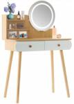 Chomik Masa de toaleta/machiaj, alba si natur, cu oglinda rotunda si LED, 2 sertare, 2 rafturi, 80x40x120 cm, Chomik (PHO7476) - artool