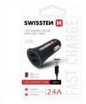 SWISSTEN - autós töltő, 2 USB port, USB-C kábellel, 2, 4 A, fekete