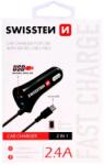 SWISSTEN - autós töltő mikro USB kábellel, + 1 USB port, 2, 4 A fekete