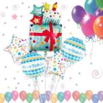 IDei Aranjament 5 baloane folie Happy Birthday, forma cutie cadou, albastru