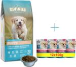 DIVINUS Puppy pentru căței 20 kg + Frendi Junior, bucăți în sos delicat cu carne de vițel 12x100g