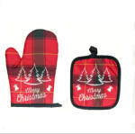 Karácsonyi poliészter hőálló edényfogó kesztyű szett, 2 db-os, piros-fekete, három fenyő mintás (5995206009474)