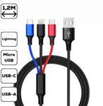  3 in 1 Lightning / Type-C / Micro USB Fekete Szövet Borítású Adatkábel