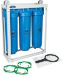 FILTRO Set 3 carcase albastre, BIG BLUE 20" TRIPLE, conexiune 1" din alama, cheie, manometre intrare-iesire si cadru metalic (AF-BB20-3M) Filtru de apa bucatarie si accesorii
