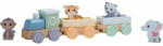 joueco Trenulet din lemn certificat FSC, Cu locomotiva si doua vagoane, Include 4 figurine in forma de maimuta, tigru, elefant si panda, 18 luni+ (80088)