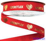  Szeretlek arany feliratos szivecskés ripsz szalag 16mm x 20m - Piros