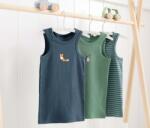 Tchibo 3 gyerek trikó, csíkos 1x középkék és 1x zöld, egy helyen nyomott mintával, 1x zöld-középkék csíkos 134/140