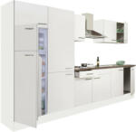 Leziter Yorki 330 konyhabútor fehér korpusz, selyemfényű fehér fronttal polcos szekrénnyel és felülfagyasztós hűtős szekrénnyel (L330FHFH-PSZ-FF) - leziteronline