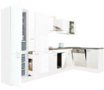 Leziter Yorki 370 sarok konyhabútor fehér korpusz, selyemfényű fehér fronttal polcos szekrénnyel és alulfagyasztós hűtős szekrénnyel (LS370FHFH-PSZ-AF) - homelux