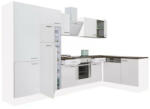 Leziter Yorki 340 sarok konyhabútor fehér korpusz, selyemfényű fehér front alsó sütős elemmel polcos szekrénnyel, felülfagyasztós hűtős szekrénnyel (LS340FHFH-SUT-PSZ-FF) - leziteronline