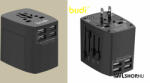 Budi Univerzális hálózati utazó átalakító adapter 4x USB, 5A, EU/UK/AUS/US/JP Budi - Fekete