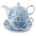 Decorer Set ceainic cu ceasca si farfurioara din portelan decor floral albastru 16 cm x 15 cm x 14 h (A72.04.87B)