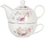 Clayre and Eef Set ceainic cu ceasca din portelan alb cu decor floral roz 17 cm x 11 cm x 14 h (FROTEFO)