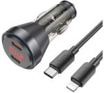 hoco. autós töltő 2 Type-C aljzat (60W, PD gyorstöltő, LED kijelző + lightning kábel) FEKETE (NZ12C BLACK + LIGHTNING) - bluedigital