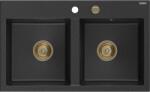 Mexen Hektor, 2 kamrás gránit mosogató 800x480x205 mm, fekete-ezüst metál, arany szifon, 6521802000-73-G (6521802000-73-G)