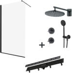 Mediterraneo x Alcadrain x Deante Set paravan dus walk-in 100x200 cm, rigola si set de dus incastrat negru mat Temisto (setmed9)