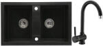 Casa Blanca Set chiuveta bucatarie granit CASABLANCA DUO cu 2 cuve NEAGRA 78x48cm + baterie BLACK4H