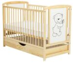 BabyNeeds Patut din lemn bebe, 120x60 cm, Cu sertar cu capac, Din lemn de pin si mdf, Stabil si rezistent, Inaltime saltea reglabila pe (BOTIM02NT)