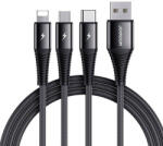  USB töltő- és adatkábel 3in1, USB Type-C, Lightning, microUSB, 120 cm, 3000 mA, törésgátlóval, gyorstöltés, cipőfűző minta, Joyroom G4, S-1230G4, fekete