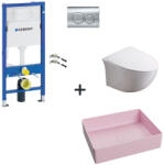 Foglia Set vas wc rimless cu capac soft close, lavoar baie roz mat si rezervor wc cu clapeta crom lucios (foglia11)