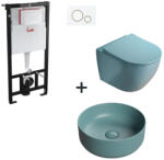 Foglia Set vas wc rimless cu capac soft close, lavoar baie verde turcoaz rotund si rezervor wc cu clapeta alba detalii aurii (foglia10)