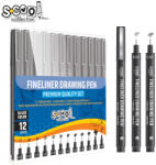 S-cool / Offishop Fineliner, diferite dimensiuni 0.03-2 mm + varf tip pensula, 12 buc set - S-COOL (35957)