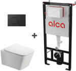 Fluminia Set ramă de montaj cu rezervor și clapetă de acționare cu butoane rotunde, negru mat, Alcadrain și vas WC suspendat Fluminia, Paris (AM101/1120+M678+B2350)