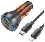 hoco. NZ12D autós töltő USB QC 18W + 2 x Type-C 30W, + Type C - Lightning kábel, (PD60W) átlátszó / narancssárga - pixelrodeo