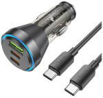 hoco. NZ12D autós töltő USB QC 18W + 2 x Type-C, 30W + Type C - Type C kábel, (PD60W) átlátszó / fekete - pixelrodeo