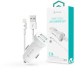 DEVIA szivargyújtós töltő adapter 2xUSB bemenettel + USB - Lightning kábel - 5V/3, 1A - Devia Smart Series Dual Car Charger Suit - fehér - rexdigital