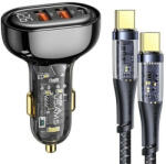 USAMS autós töltő 2xUSB-A + USB-C aljzat (5V/3A, 80W, gyorstöltő + USB-C kábel) fekete (BXLACCTC01)