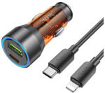 hoco. NZ12A autós szivargyújtó töltő USB QC 18W + Type-C 25W Type-C kábellel, (Lightning PD43W) átlátszó-narancssárga - speedshop