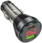 hoco. NZ12B autós töltő USB QC 18W + Type-C 30W digitális kijelzővel, Type-C kábellel, (Lightning PD48W) átlátszó/fekete - speedshop