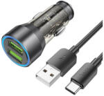 hoco. NZ12 autós töltő 2 x USB QC3.0 18W + Type-C kábel, átlátszó / fekete - speedshop