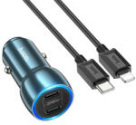 hoco. Z48 autós szivargyújtó töltő 2xUSB-C + USB-C / Apple iPhone Lightning kábel, PD, 40W, zafír kék - speedshop