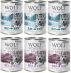 Wolf of Wilderness 6x400g Wolf of Wilderness vegyes csomag óriási kedvezménnyel! nedves kutyatáp JUNIOR Szabadtartású bárány, csirke és lazac