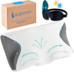 Suporto Set Perna Ortopedica Cervicala pentru dormit cu Extensii Gri + Masca de dormit Suporto 3D cu saculet Verde Smarald, Ideale pentru ochi obositi si un somn odihnitor