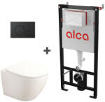 Fluminia Set ramă de montaj cu rezervor și clapetă de acționare cu butoane rotunde, negru mat, Alcadrain și vas WC suspendat Fluminia, Alfonzo (AM101/1120+M678+B2330BD-2)