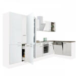 Leziter Yorki 370 sarok konyhablokk fehér korpusz, selyemfényű fehér front alsó sütős elemmel polcos szekrénnyel, alulfagyasztós hűtős szekrénnyel (LS370FHFH-SUT-PSZ-AF)