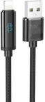  USB töltő- és adatkábel, Lightning, 120 cm, 27W, 2400mA, törésgátlóval, LED kijelzővel, gyorstöltés, PD, Hoco U127, fekete