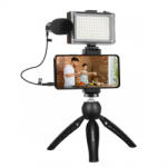 PULUZ Live Vlogger mobil állvány + LED lámpa és mikrofon, fekete (PKT3132B)