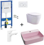 Foglia Set vas wc rimless cu capac soft close, lavoar baie roz mat, baterie si rezervor wc cu clapeta alba (foglia6)