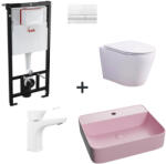Foglia Set vas wc rimless cu capac soft close, lavoar baie roz mat, baterie si rezervor wc cu clapeta alb lucios (foglia8)