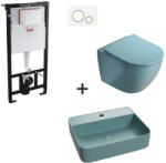 Foglia Set vas wc rimless cu capac soft close, lavoar baie verde turcoaz si rezervor wc cu clapeta alba detalii aurii (foglia9)