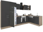 Leziter Yorki 340 sarok konyhabútor sonoma tölgy korpusz, selyemfényű antracit front alsó sütős elemmel polcos szekrénnyel, felülfagyasztós hűtős szekrénnyel (LS340STAN-SUT-PSZ-FF) - geminiduo
