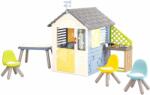 Smoby Házikó meteorológiai állomás kerti asztallal és székekkel natúr színvilágban Négy évszak 4 Seasons Playhouse Smoby szélcsengővel szélmérővel és esőmérővel (SM810231-2L)
